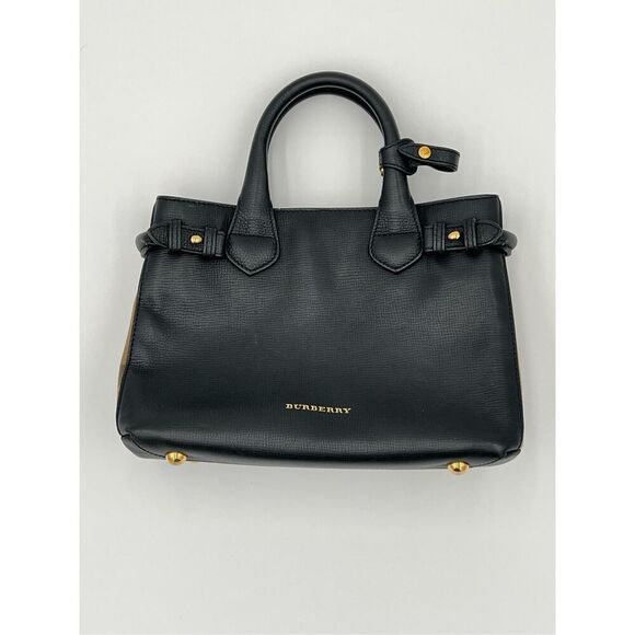 Burberry Banner Tote Iconic House Check Derby Shoulder Bag Black Leather - Picture 5 of 16